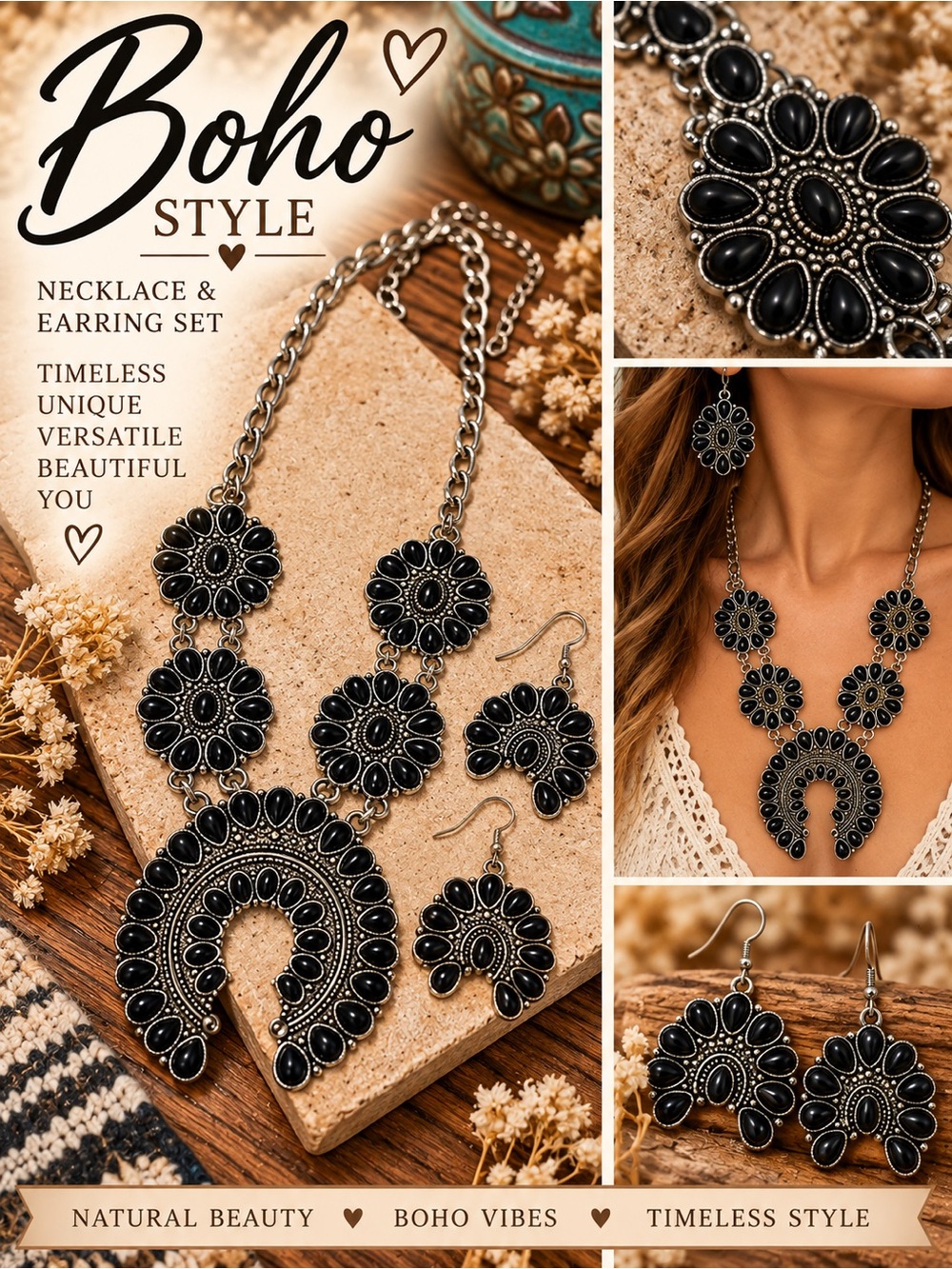 Boho Black Statement Necklace & Earrings Set